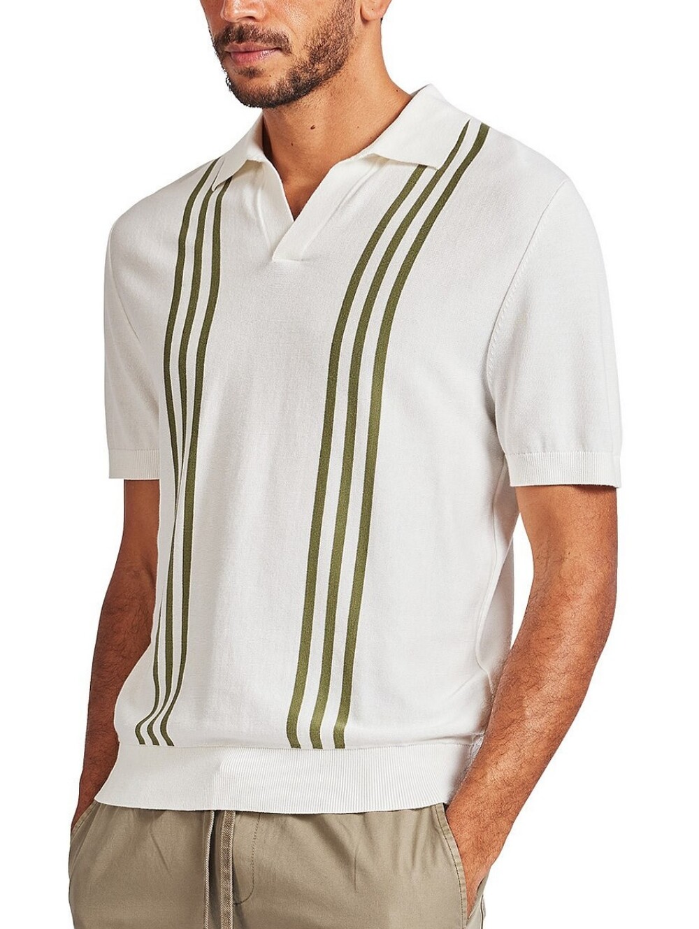 Men's White Short-Sleeve Polo with Olive Stripe Accents